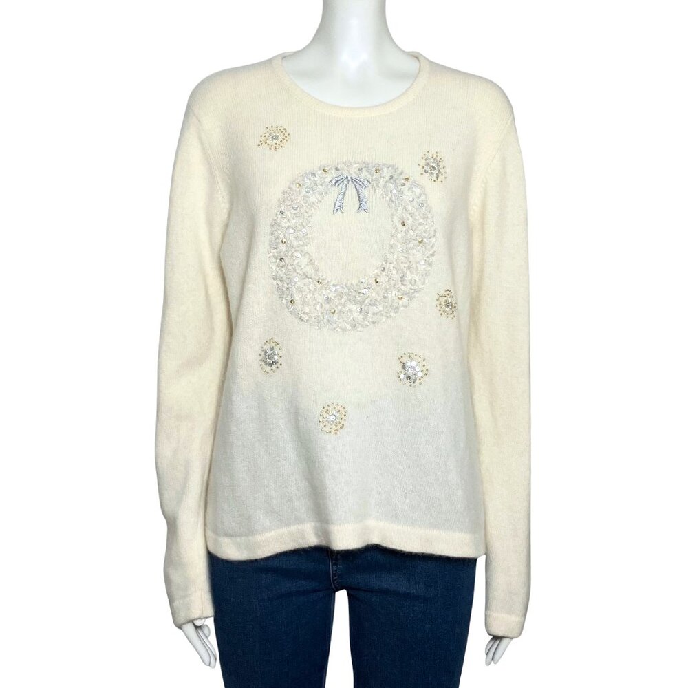 Vintage Y2K Christmas Beaded Cream Lambswool Angora Sweater Wreath Wool Medium
